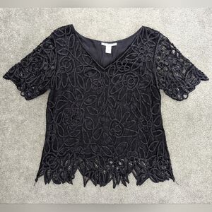 SILKEN Poetry Vintage Black Silk Beaded Crochet Lace Top size Medium